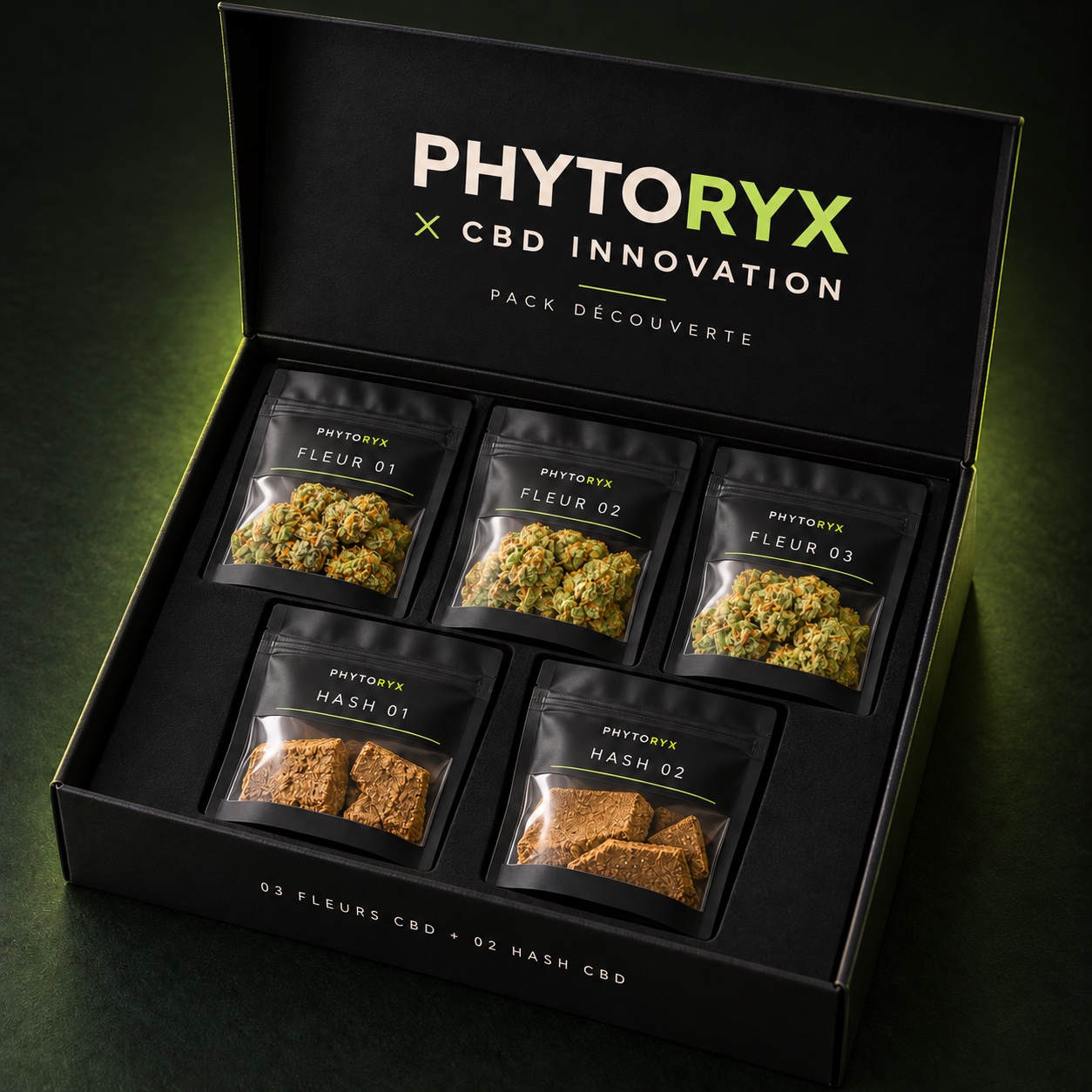 Concept du coffret découverte PHYTORYX × CBD INNOVATION, avec trois échantillons de fleurs CBD et deux échantillons de hash CBD